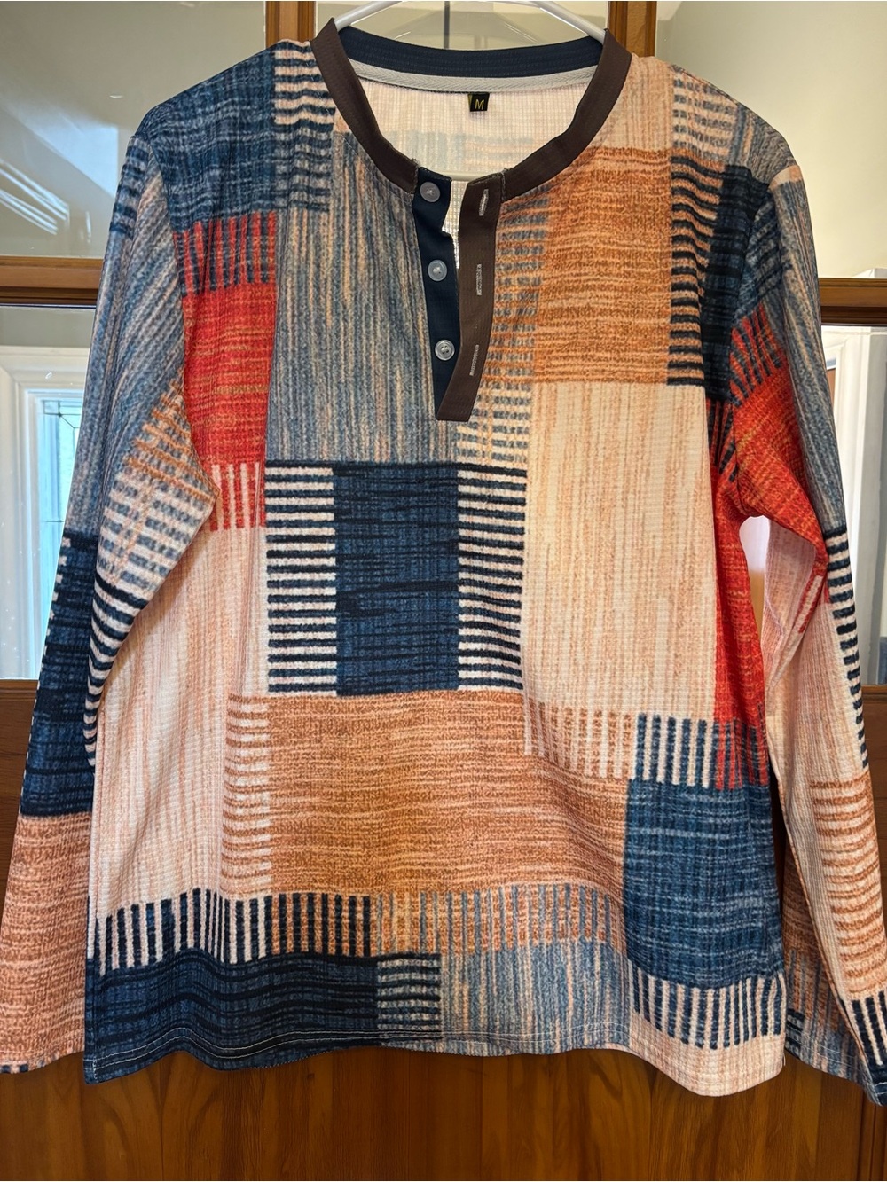 Men's Geometric Patchwork Long-Sleeve Henley Shirt - Multicolor